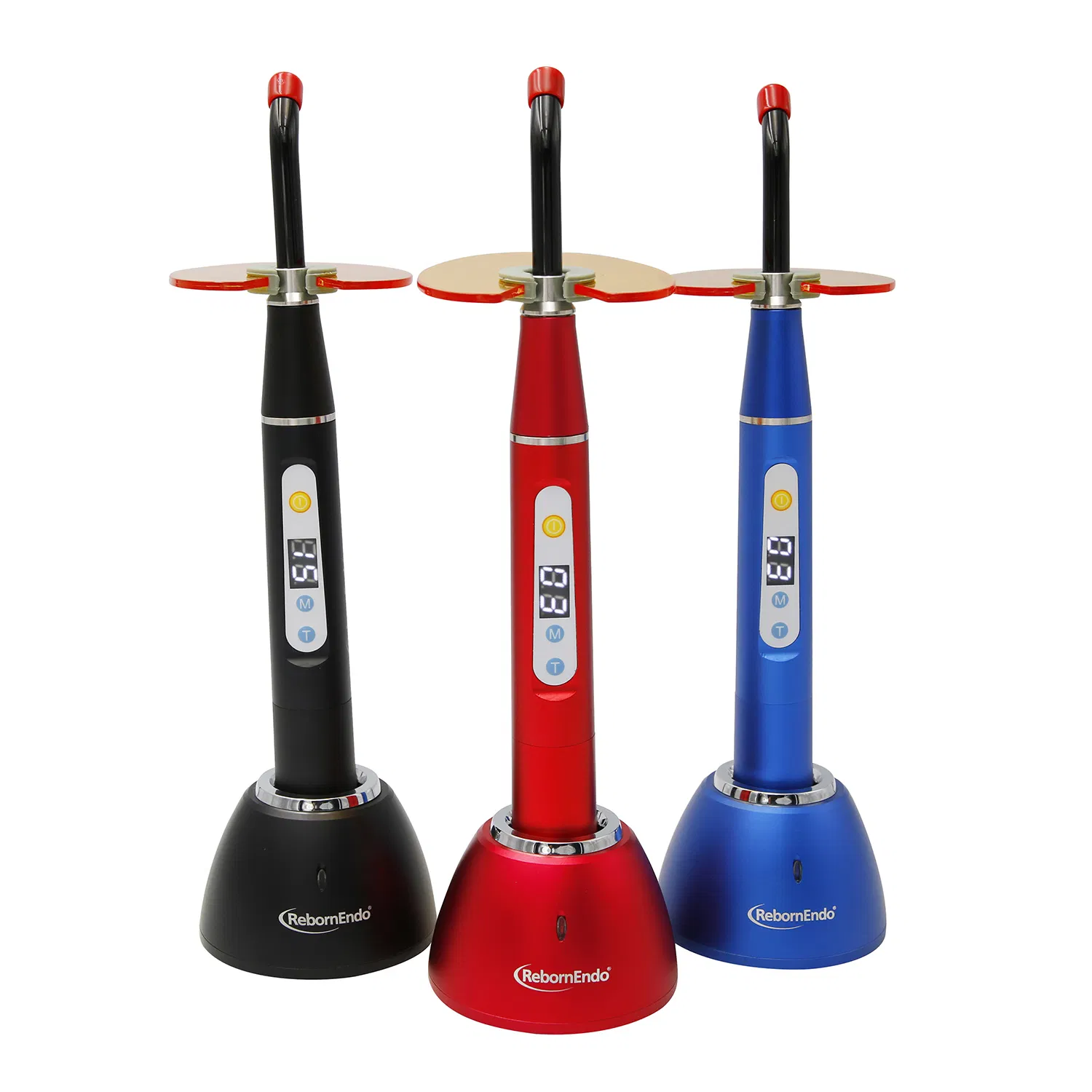 Tre modelli funzionanti colorati, lampada per polimerizzazione dentale wireless, lampada a LED, ad alta potenza, con stazione di ricarica